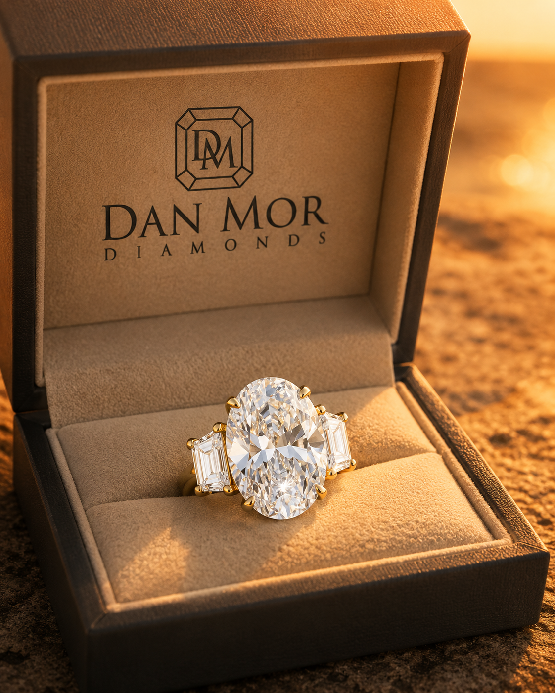 Luxury oval diamond ring in a branded Dan Mor Diamonds box with warm golden sunset-style lighting and a premium jewelry display.