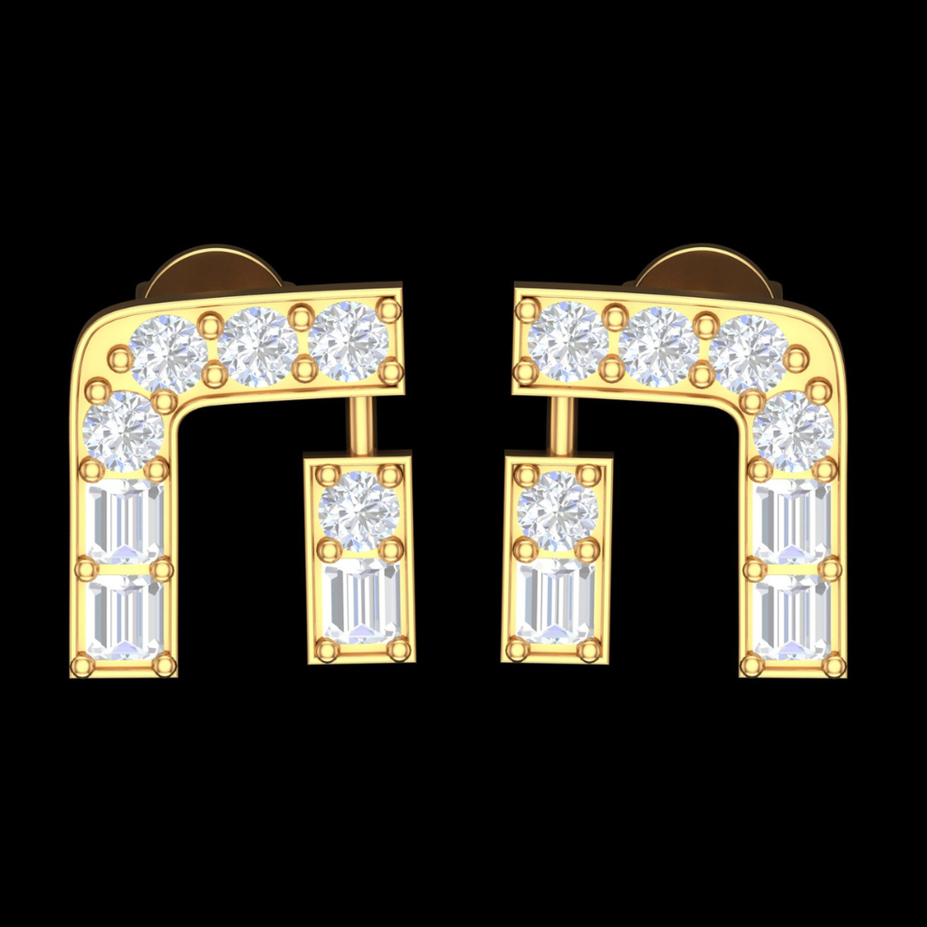 Grand Arch Round & Baguette Diamond Stud Earrings in Gold