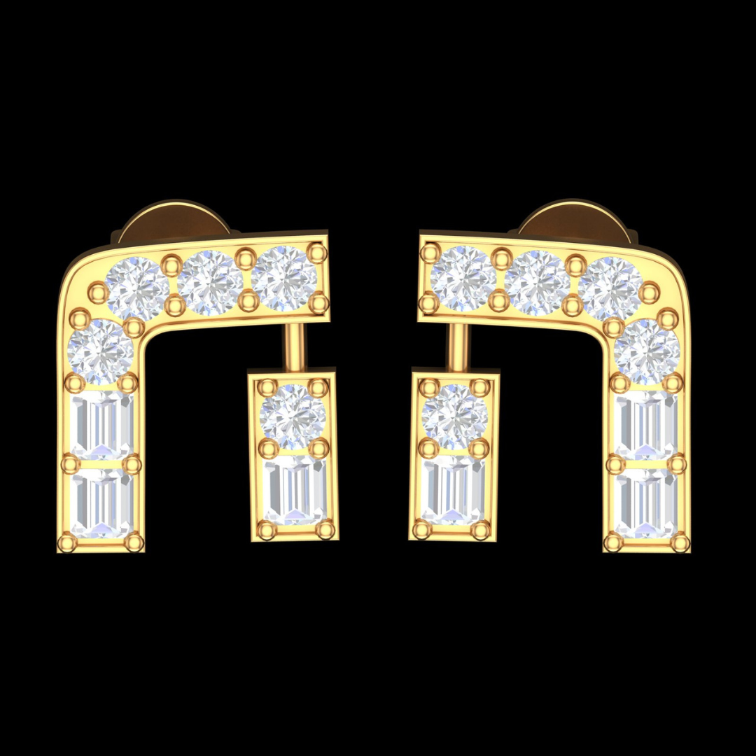 Grand Arch Round & Baguette Diamond Stud Earrings in Gold