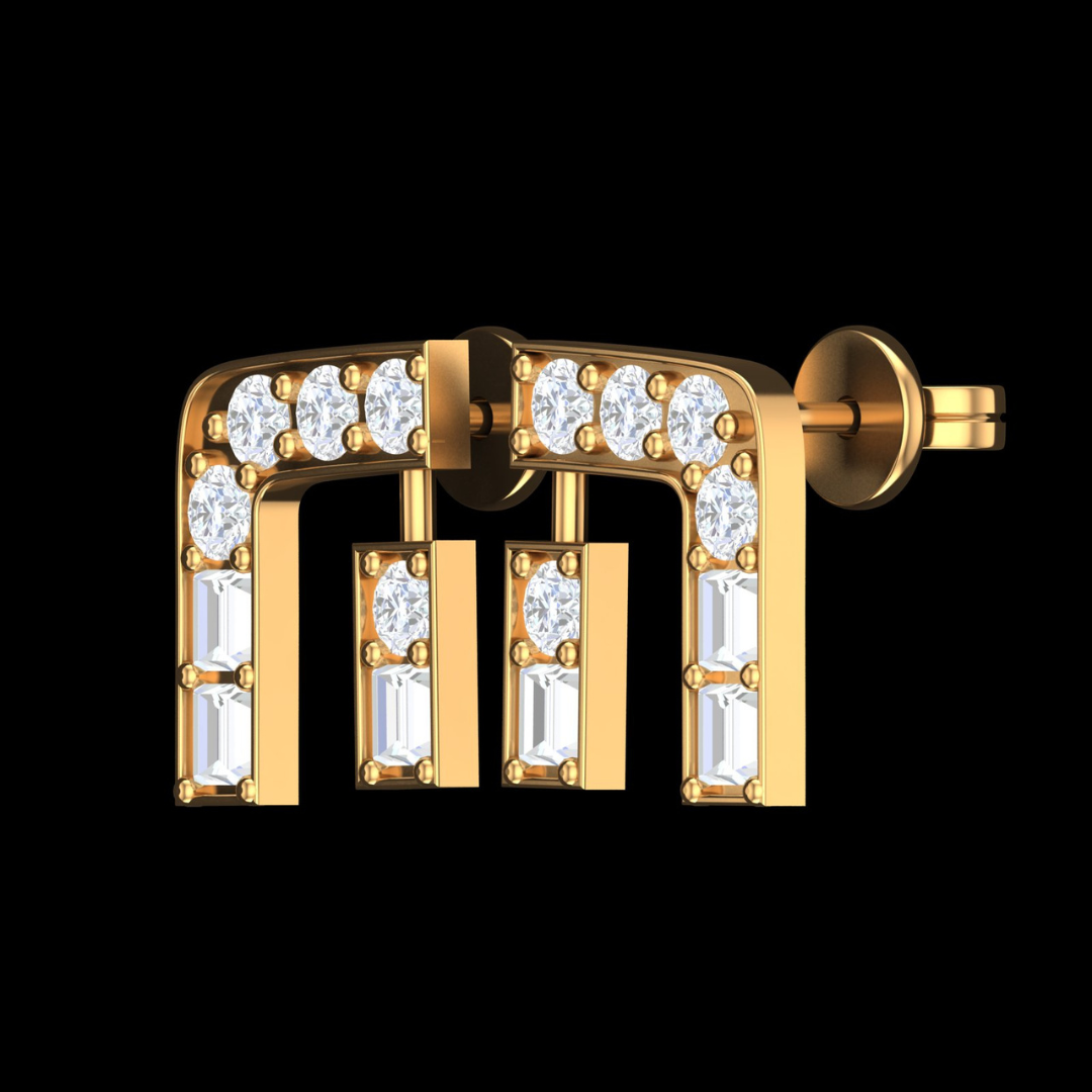Grand Arch Round & Baguette Diamond Stud Earrings in Gold