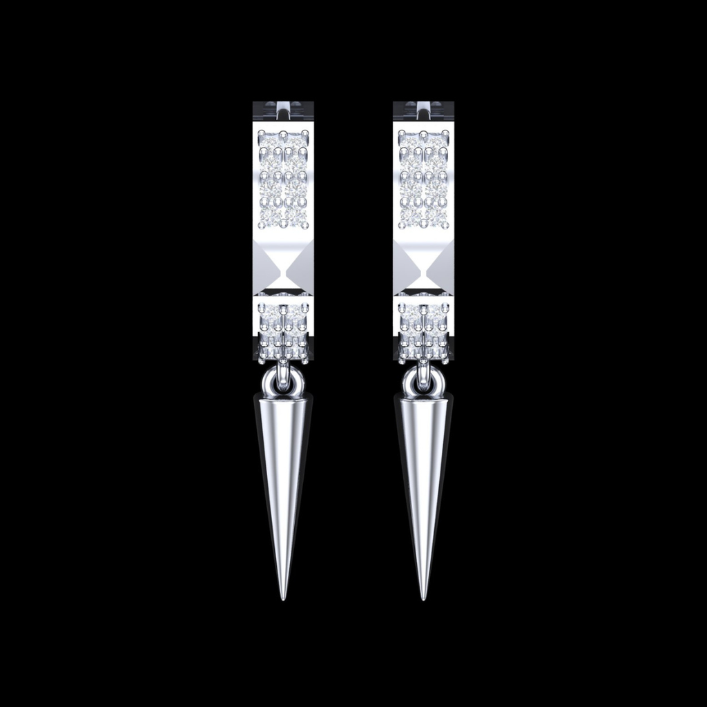Dagger Drop Pave Diamond Hoop Earrings in White Gold