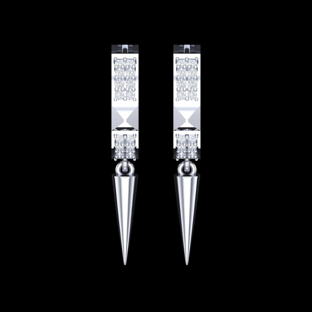 Dagger Drop Pave Diamond Hoop Earrings in White Gold