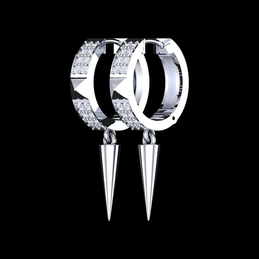 Dagger Drop Pave Diamond Hoop Earrings in White Gold