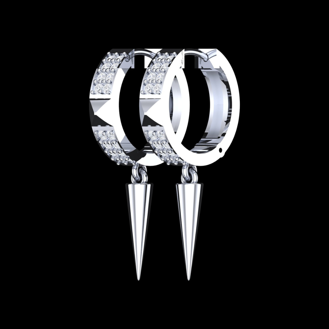 Dagger Drop Pave Diamond Hoop Earrings in White Gold