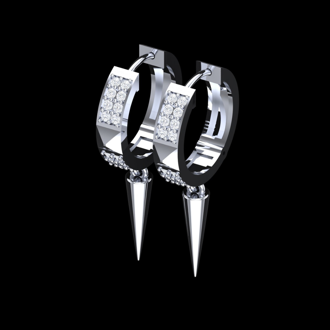 Dagger Drop Pave Diamond Hoop Earrings in White Gold