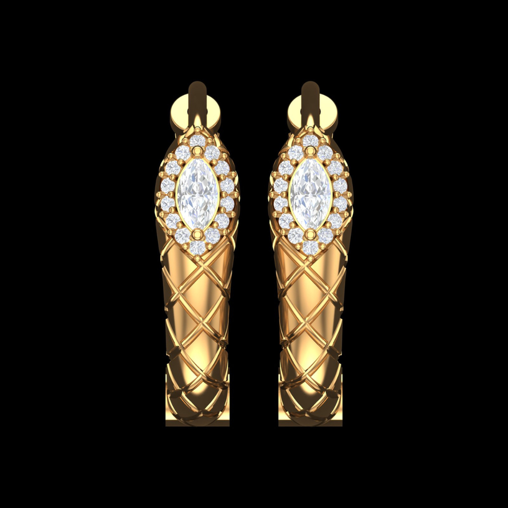 Quilted Texture Marquise Halo Diamond Hoop Earrings in Gold