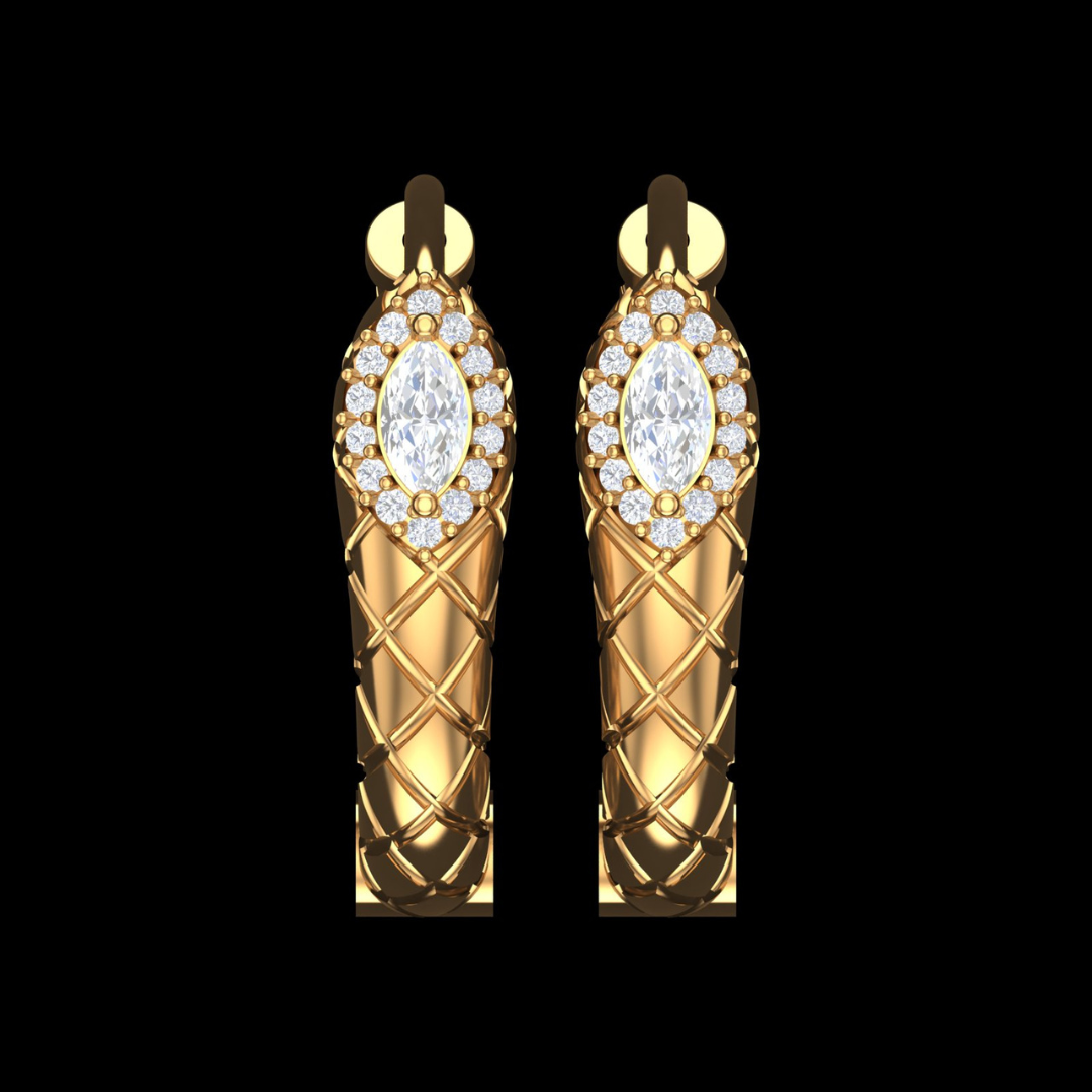 Quilted Texture Marquise Halo Diamond Hoop Earrings in Gold