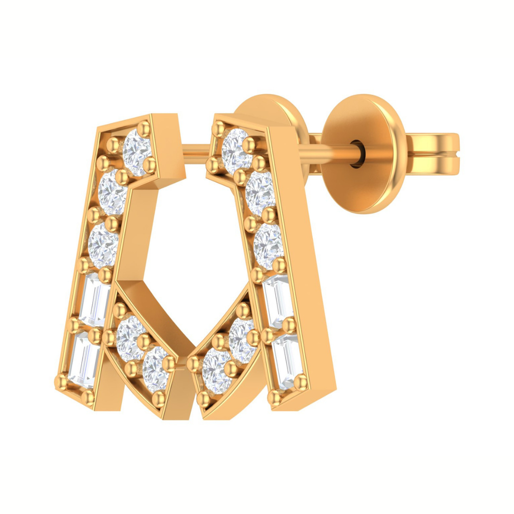 Geometric Facet Round & Baguette Diamond Stud Earrings in Gold