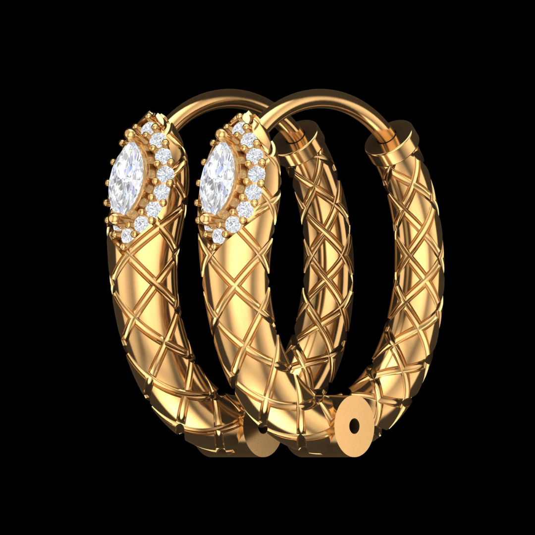 Quilted Texture Marquise Halo Diamond Hoop Earrings in Gold