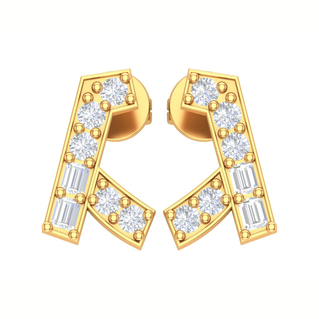 Geometric Facet Round & Baguette Diamond Stud Earrings in Gold