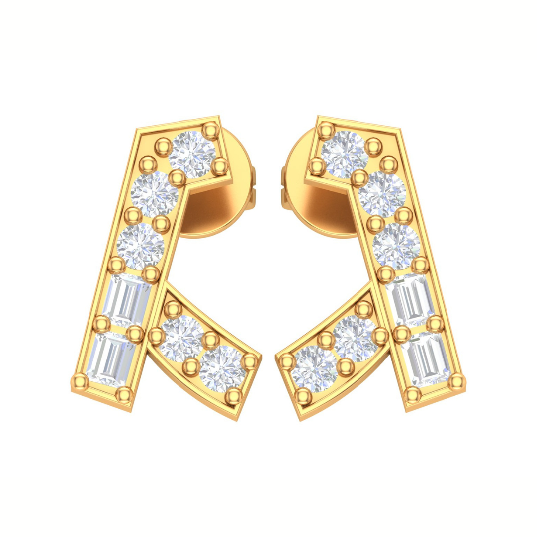 Geometric Facet Round & Baguette Diamond Stud Earrings in Gold