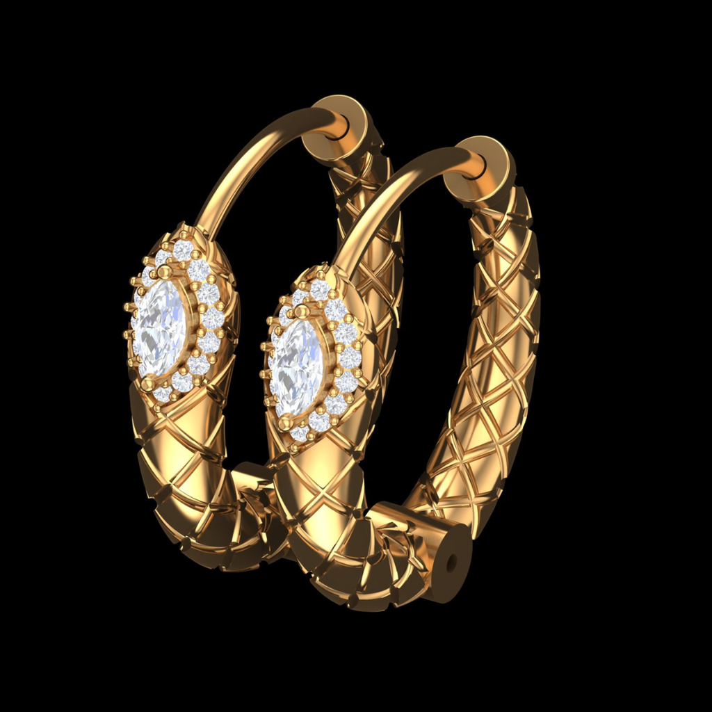 Quilted Texture Marquise Halo Diamond Hoop Earrings in Gold