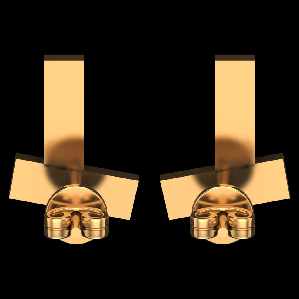 Modern T-Bar Baguette & Round Diamond Stud Earrings in Gold