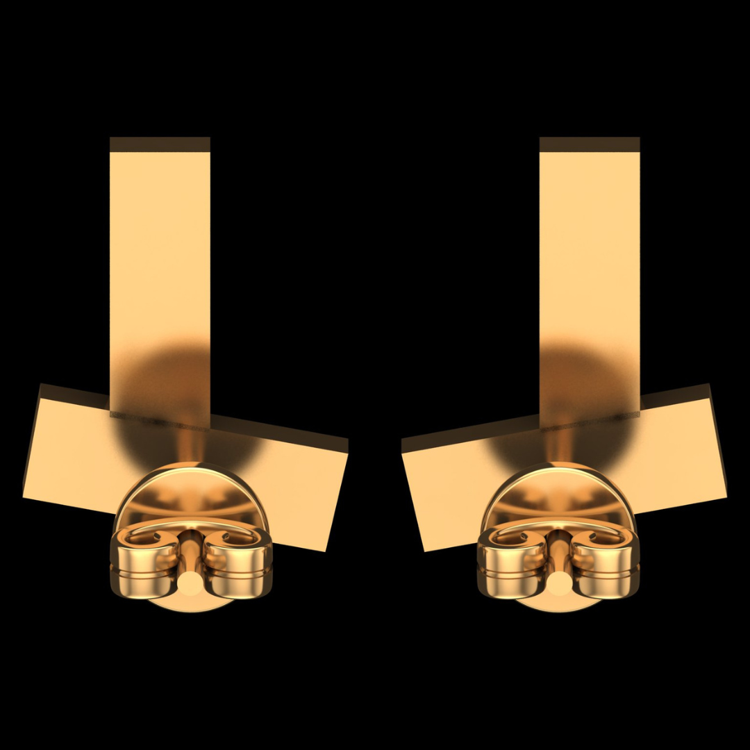 Modern T-Bar Baguette & Round Diamond Stud Earrings in Gold