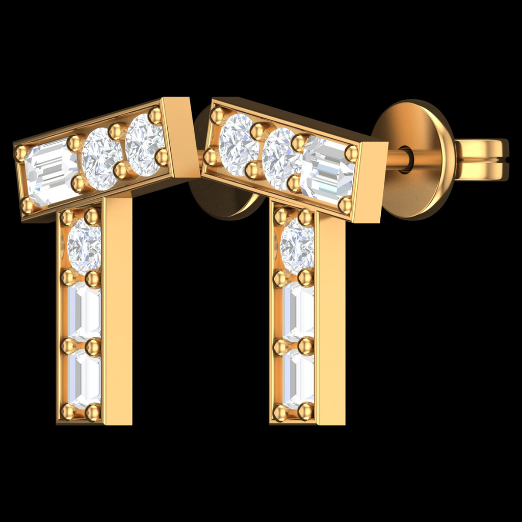 Modern T-Bar Baguette & Round Diamond Stud Earrings in Gold