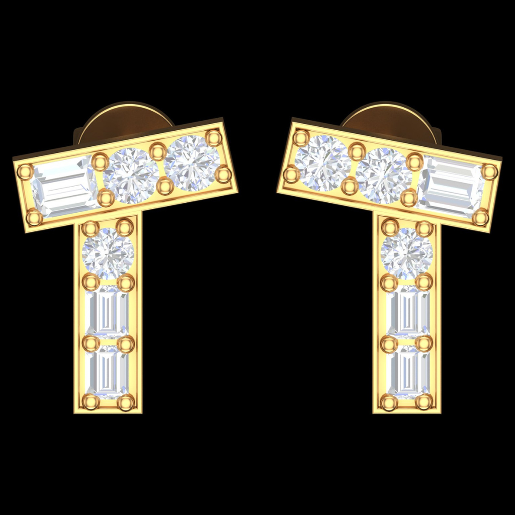 Modern T-Bar Baguette & Round Diamond Stud Earrings in Gold