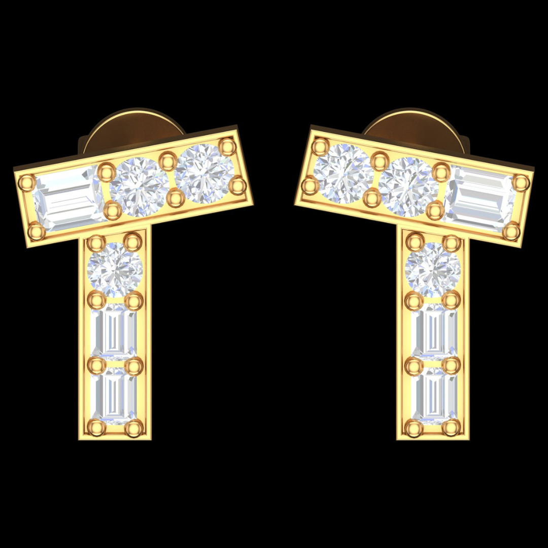Modern T-Bar Baguette & Round Diamond Stud Earrings in Gold