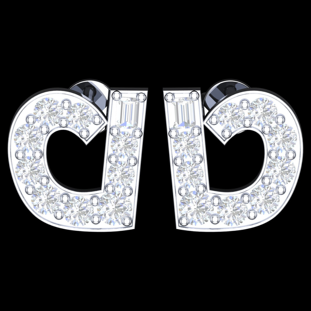 Bold Pave Round & Baguette Diamond Cluster Stud Earrings in White Gold