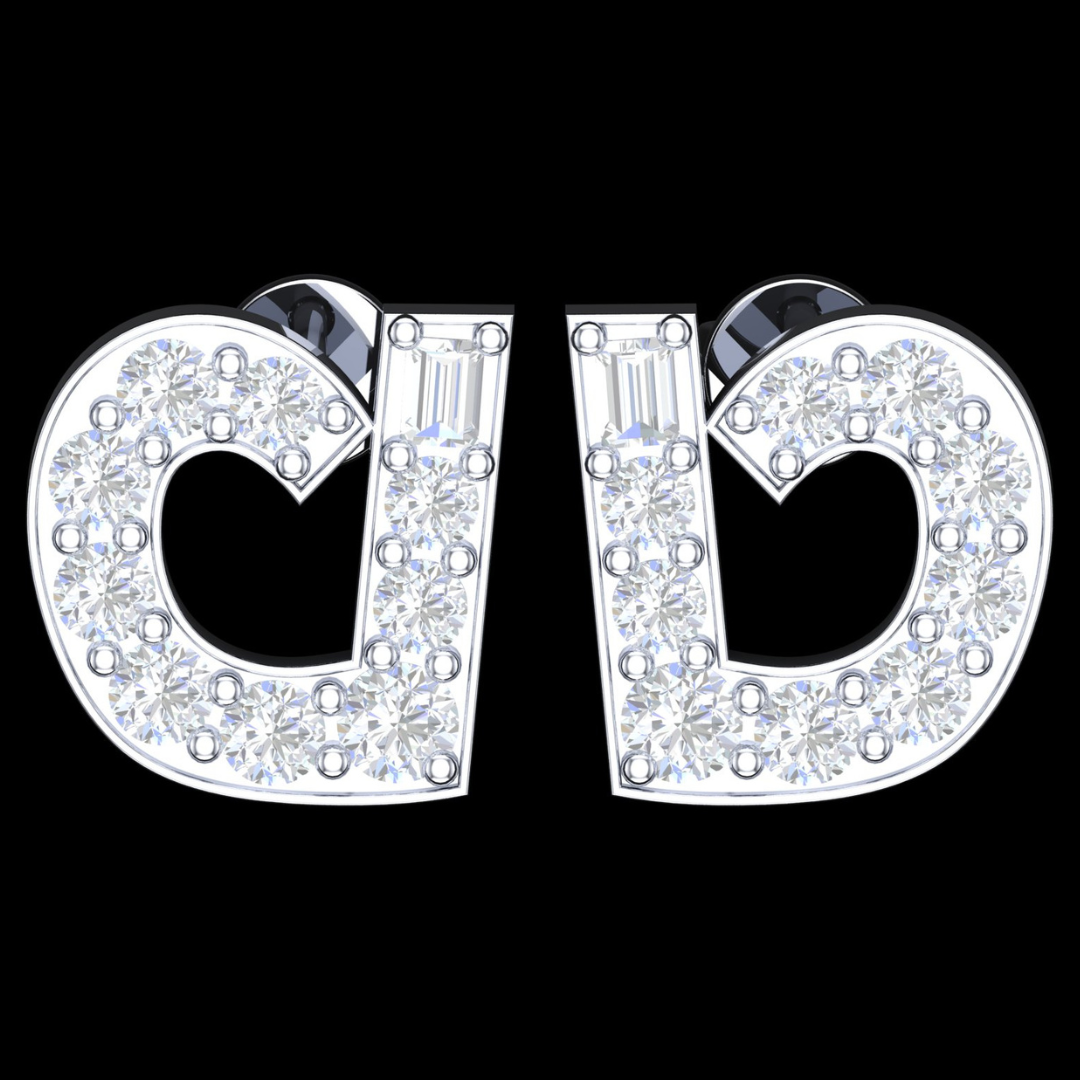 Bold Pave Round & Baguette Diamond Cluster Stud Earrings in White Gold