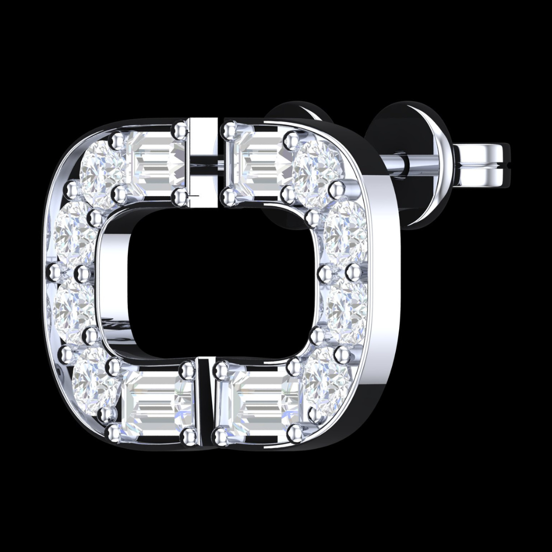 Open Square Halo Round & Baguette Diamond Stud Earrings in White Gold