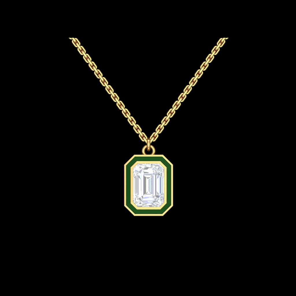 Emerald Cut Solitaire Green Enamel Pendant Necklace in Gold