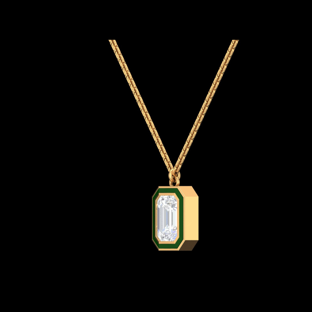 Emerald Cut Solitaire Green Enamel Pendant Necklace in Gold