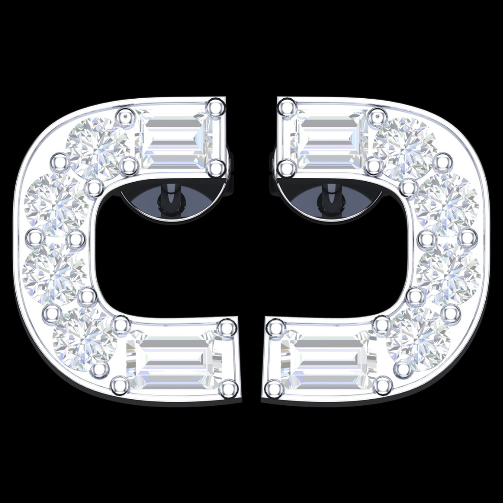Open Square Halo Round & Baguette Diamond Stud Earrings in White Gold