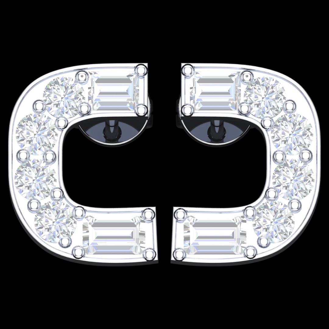 Open Square Halo Round & Baguette Diamond Stud Earrings in White Gold