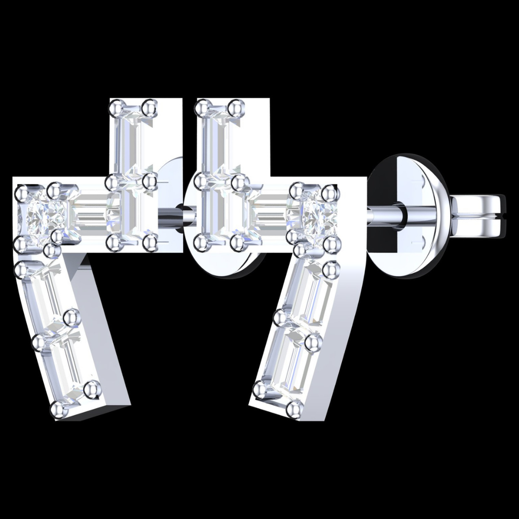 Asymmetric Angle Baguette & Round Diamond Stud Earrings in White Gold