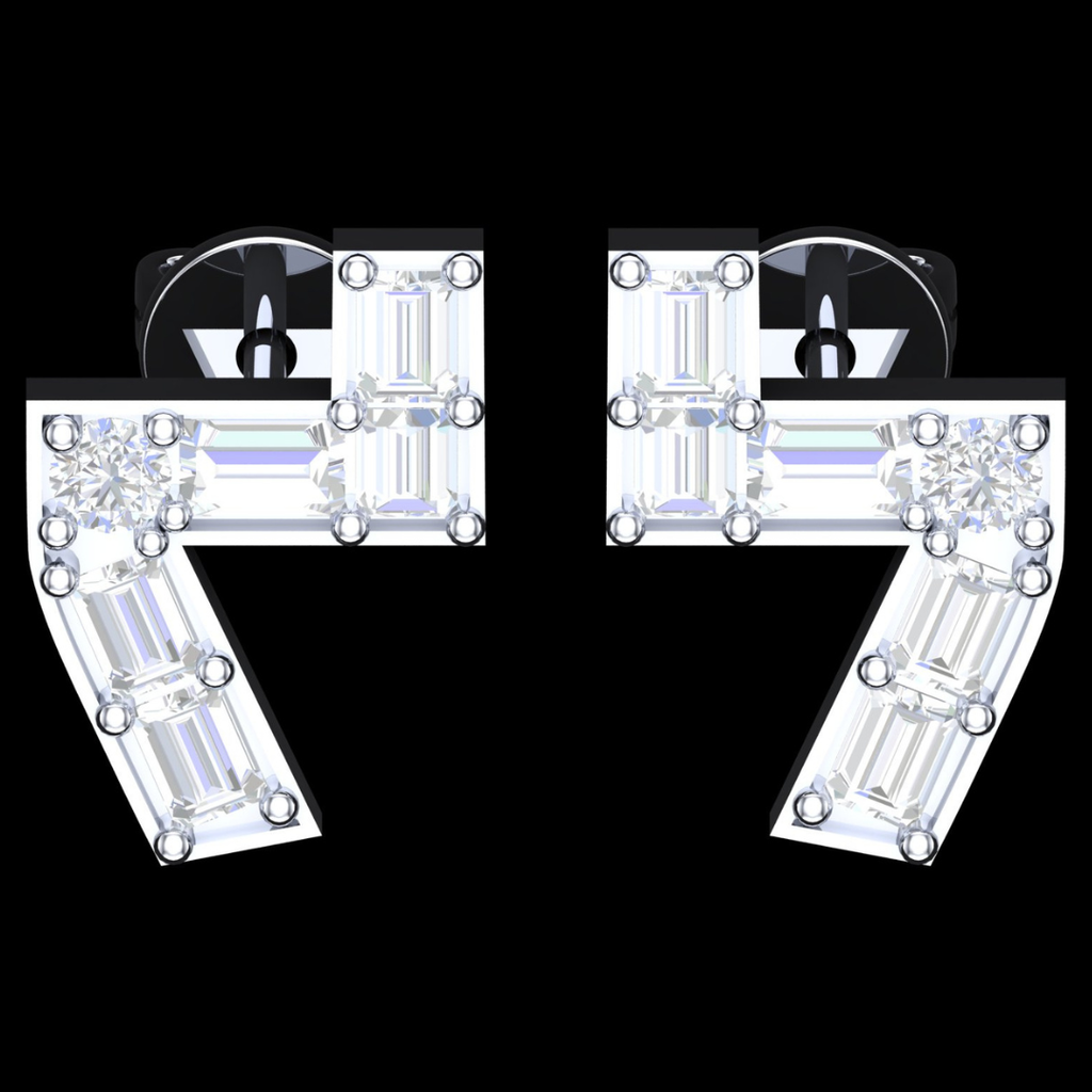 Asymmetric Angle Baguette & Round Diamond Stud Earrings in White Gold
