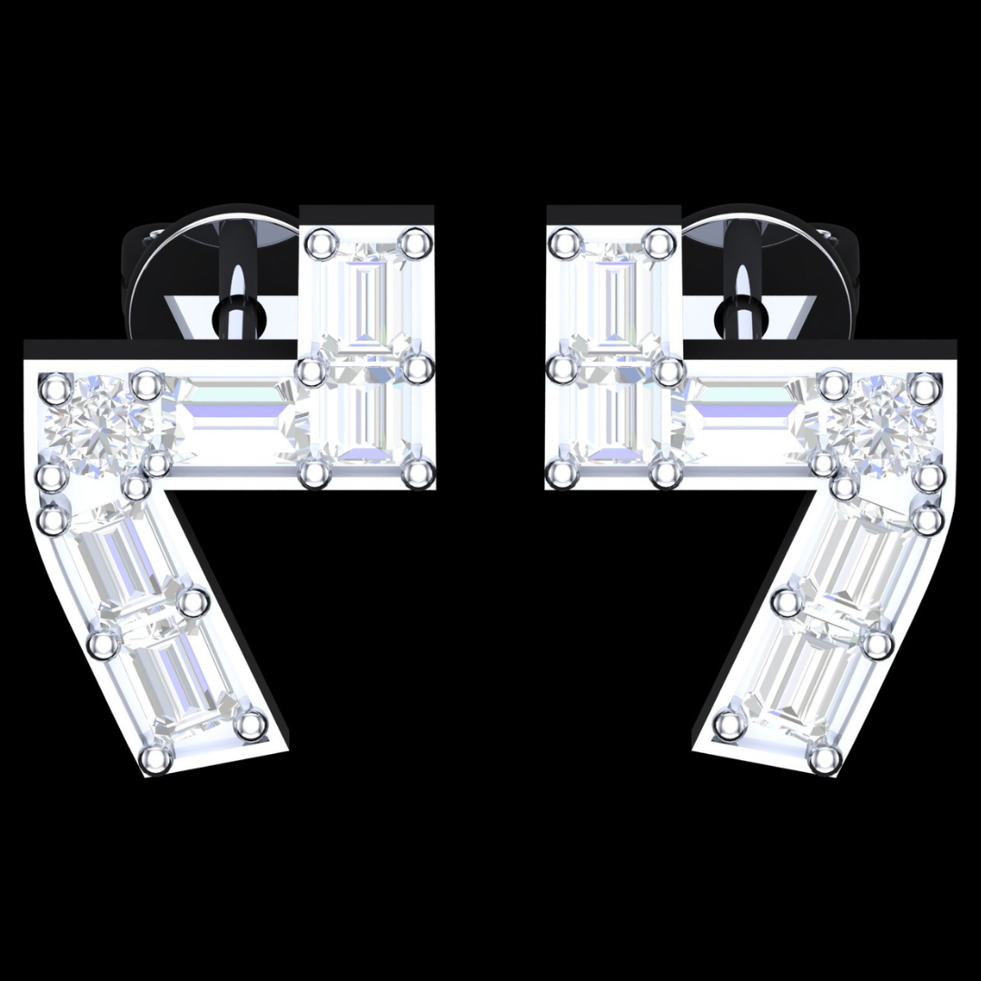 Asymmetric Angle Baguette & Round Diamond Stud Earrings in White Gold