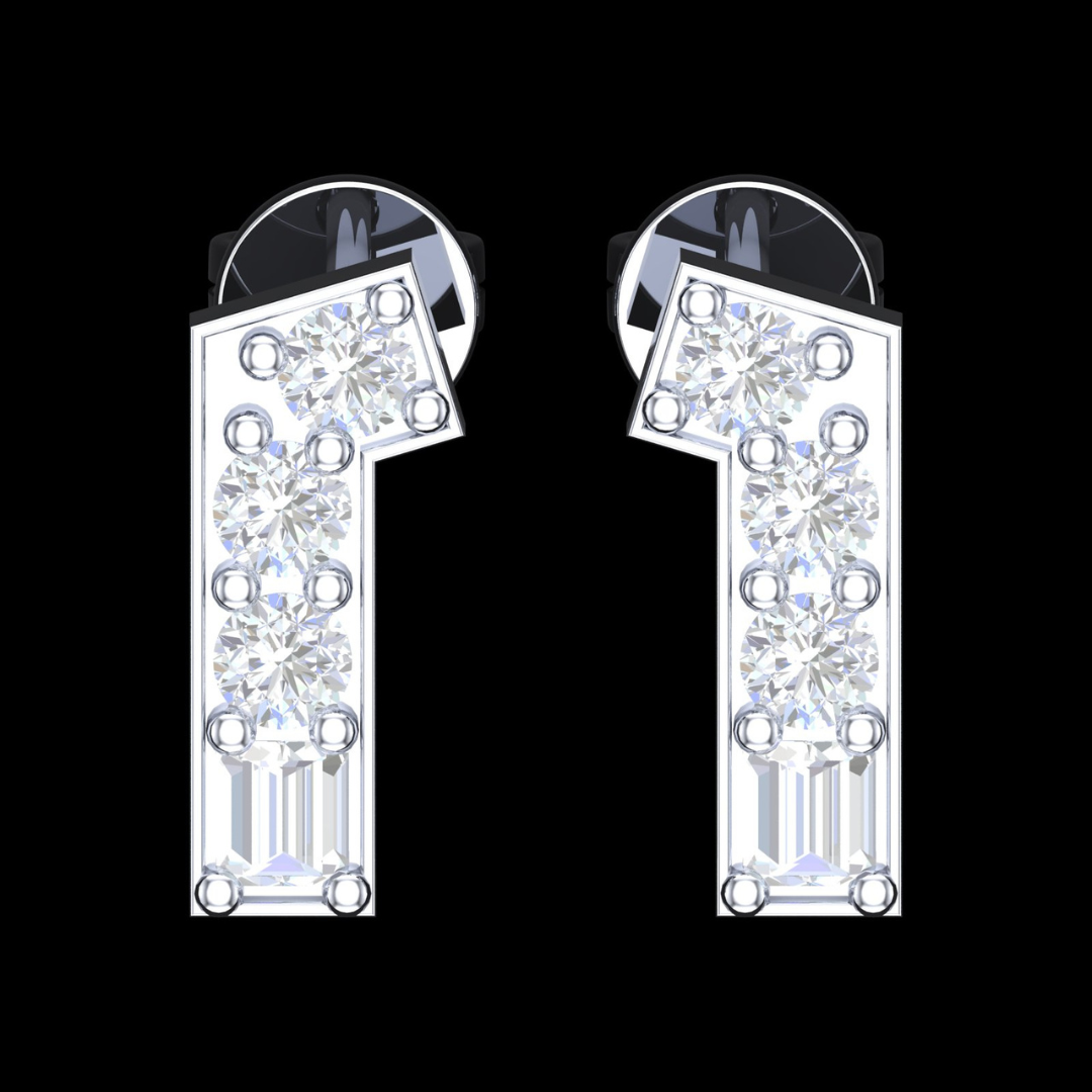 Tilted Bar Round & Baguette Diamond Stud Earrings in White Gold