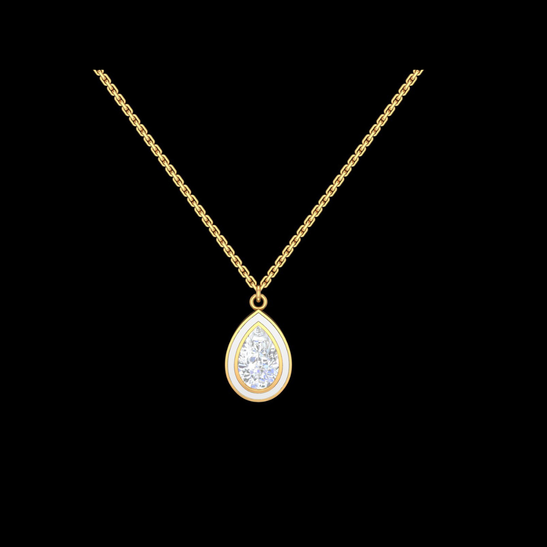 Pear Cut Solitaire White Enamel Pendant Necklace in Gold