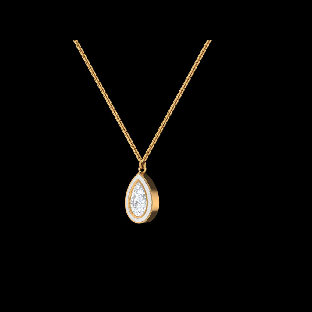 Pear Cut Solitaire White Enamel Pendant Necklace in Gold