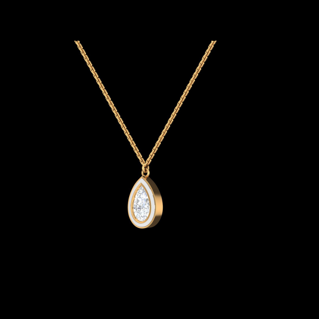 Pear Cut Solitaire White Enamel Pendant Necklace in Gold