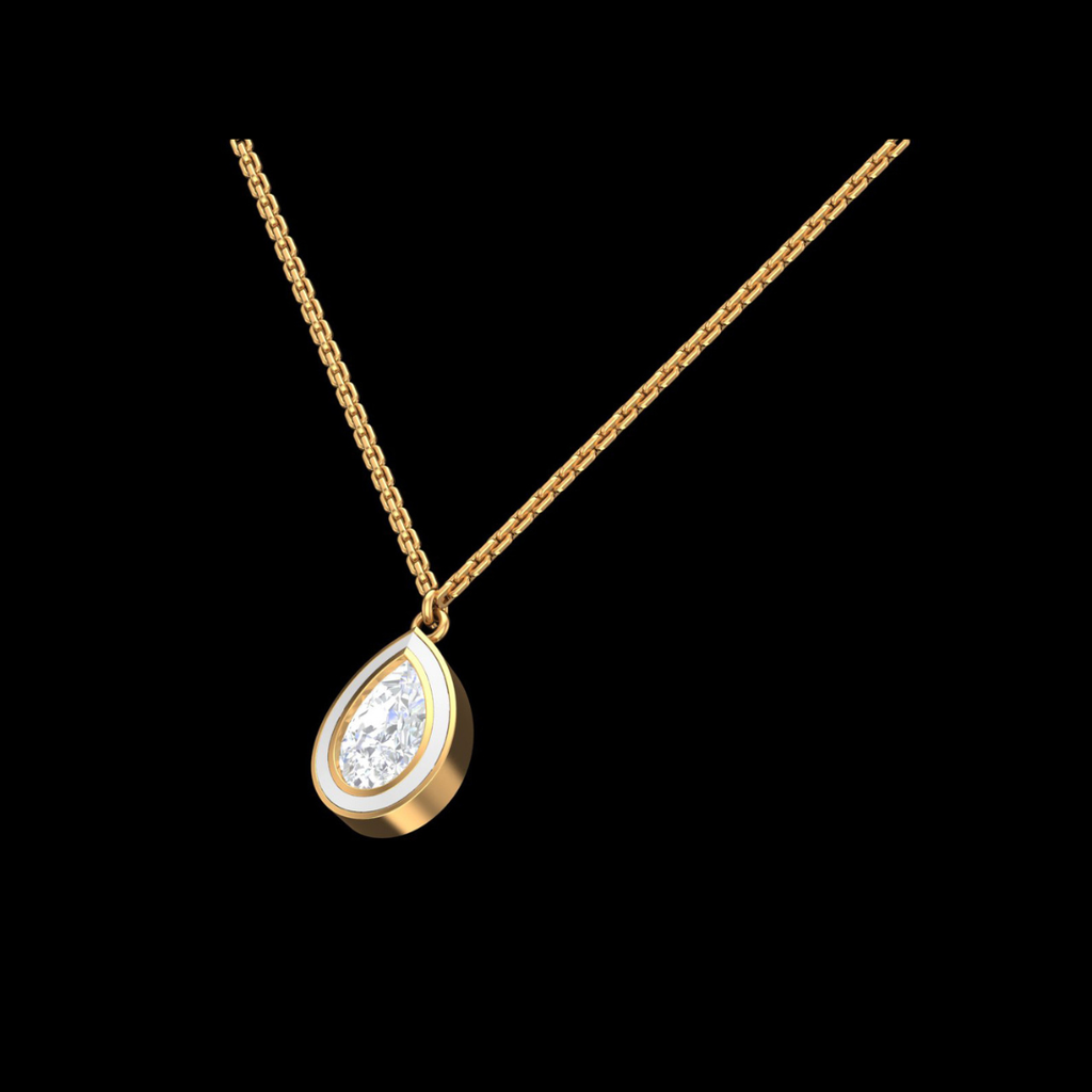 Pear Cut Solitaire White Enamel Pendant Necklace in Gold