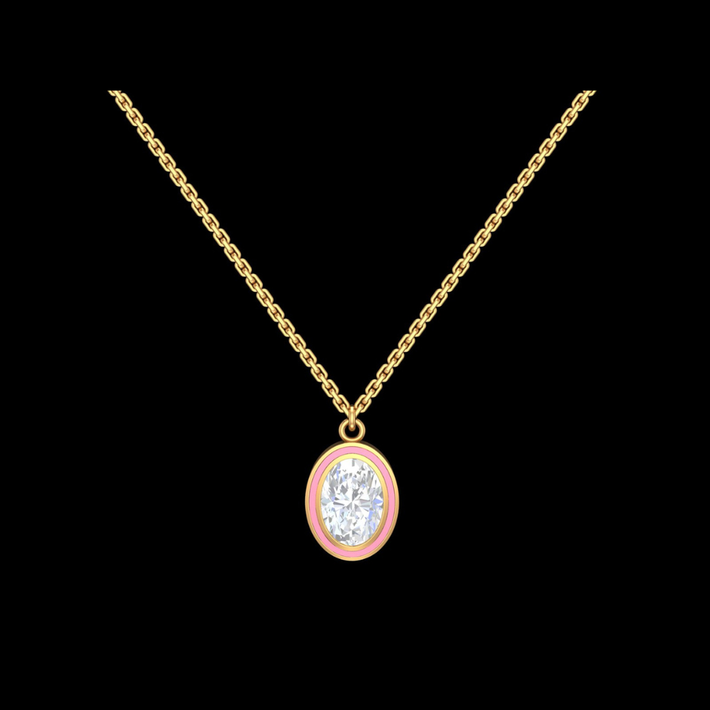 Oval Solitaire Pink Enamel Pendant Necklace in Gold