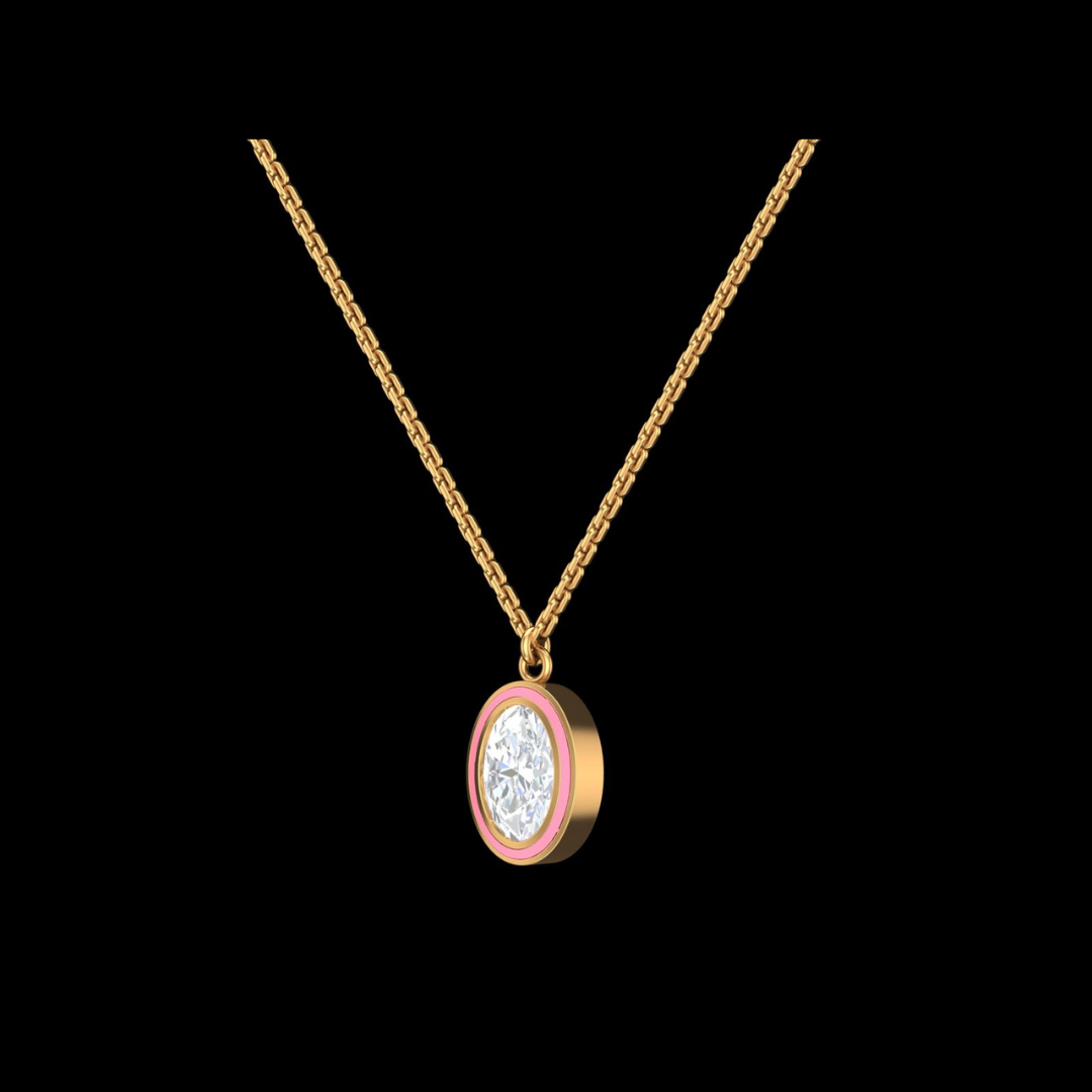Oval Solitaire Pink Enamel Pendant Necklace in Gold