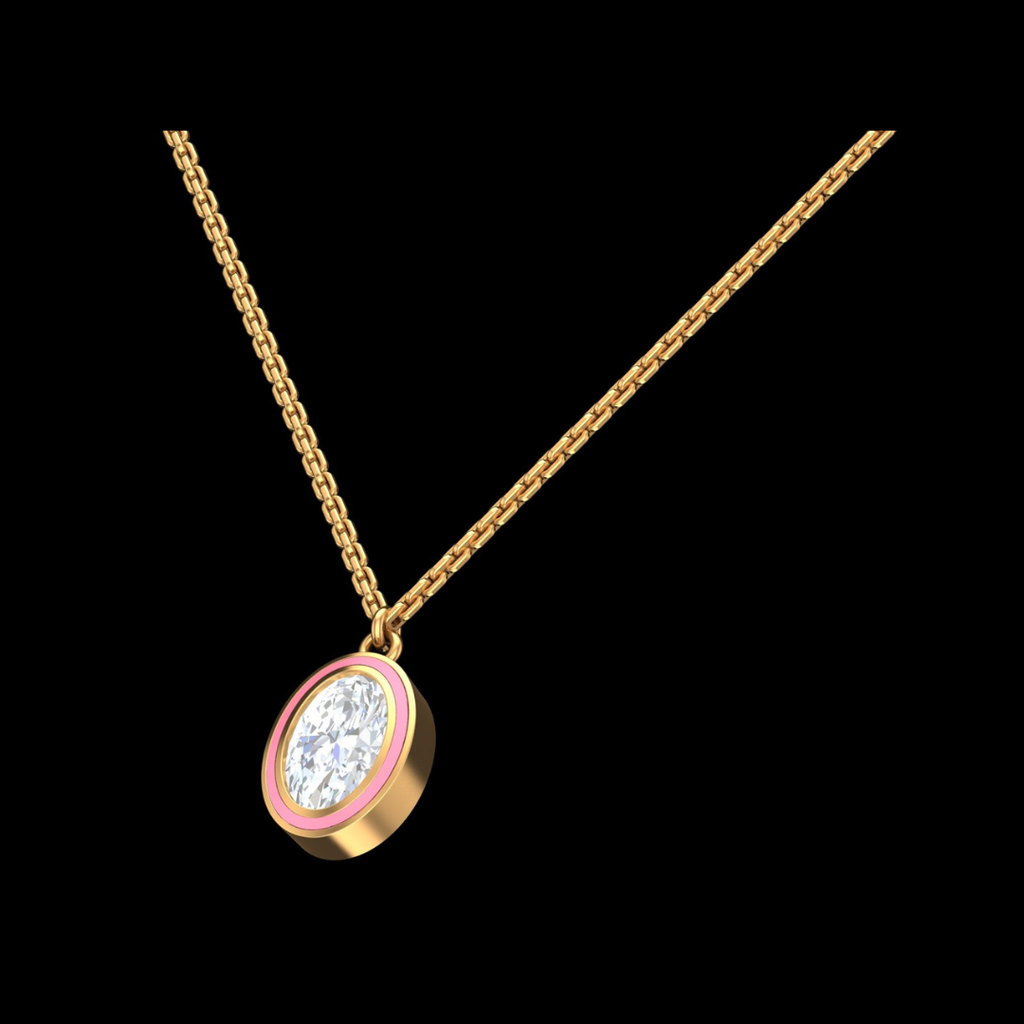 Oval Solitaire Pink Enamel Pendant Necklace in Gold