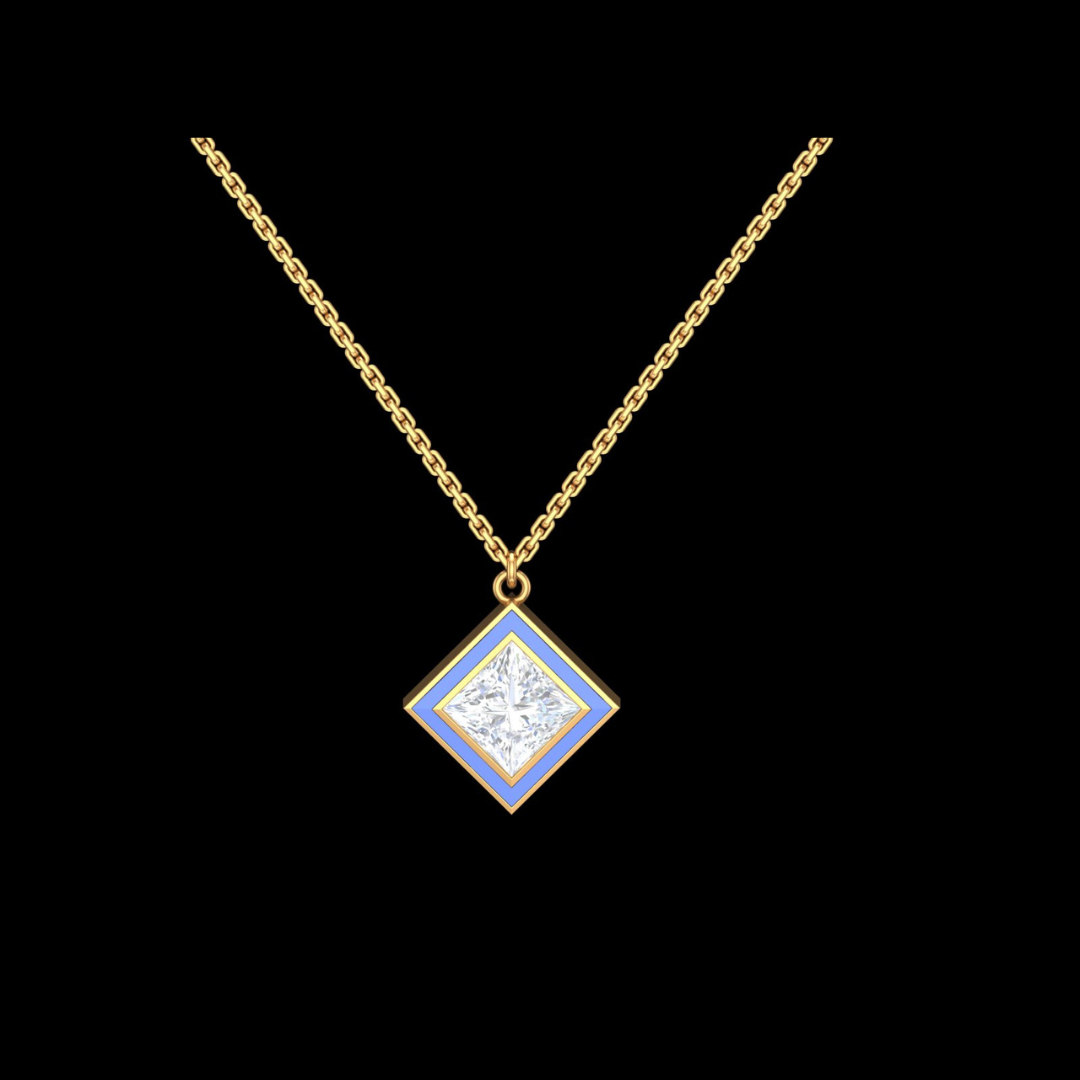 Princess Cut Solitaire Blue Enamel Pendant Necklace in Gold