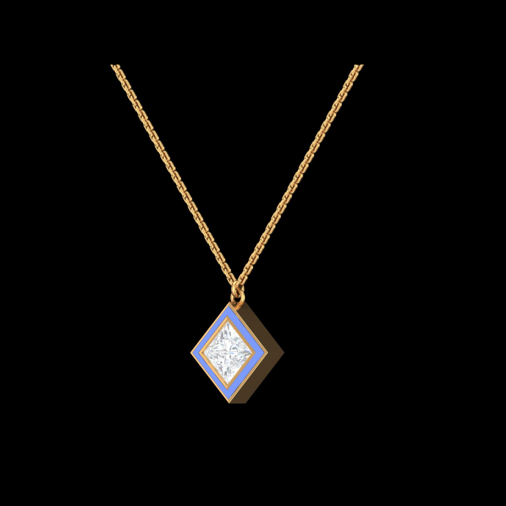 Princess Cut Solitaire Blue Enamel Pendant Necklace in Gold