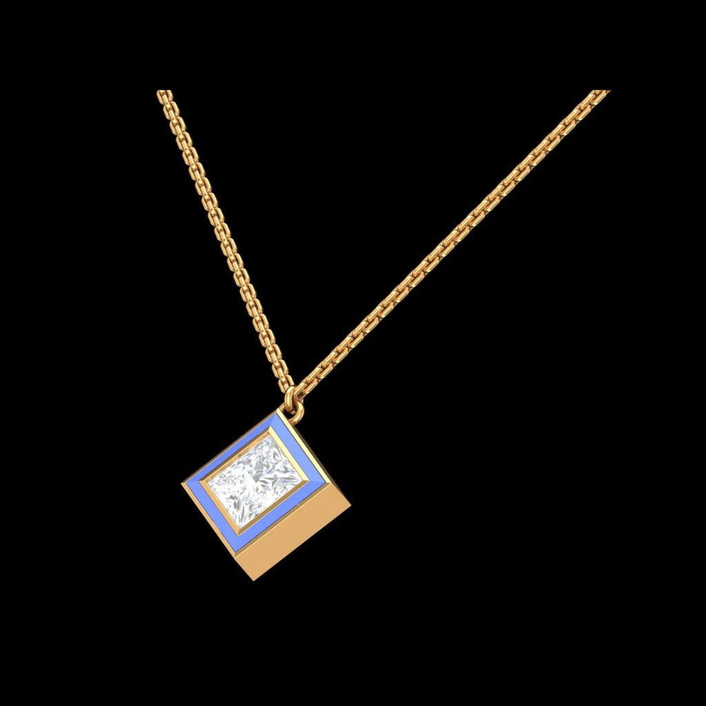 Princess Cut Solitaire Blue Enamel Pendant Necklace in Gold