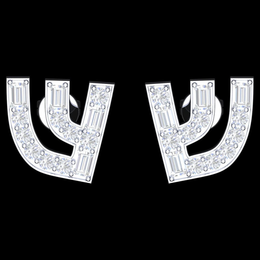 Trident Curve Baguette & Round Diamond Stud Earrings in White Gold