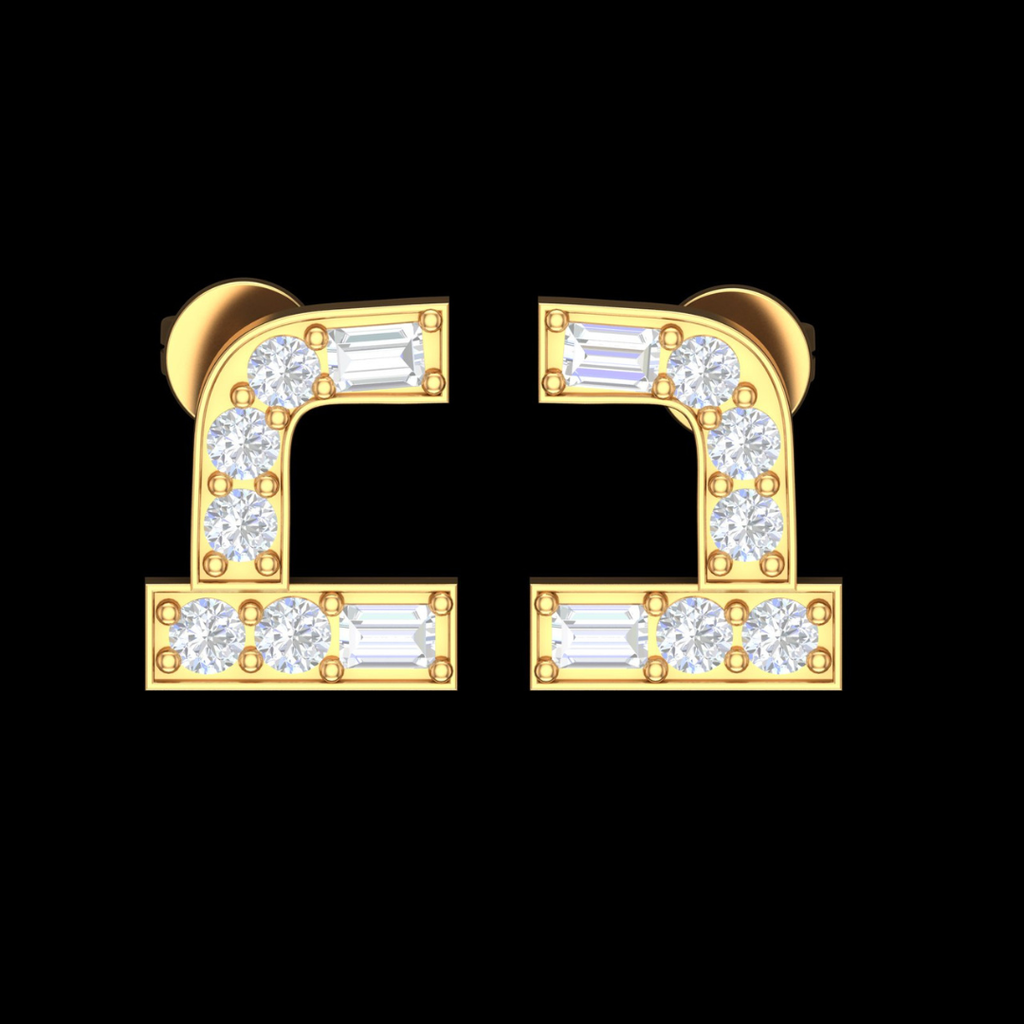 Royal Embrace Curved Baguette & Round Diamond Stud Earrings in Gold