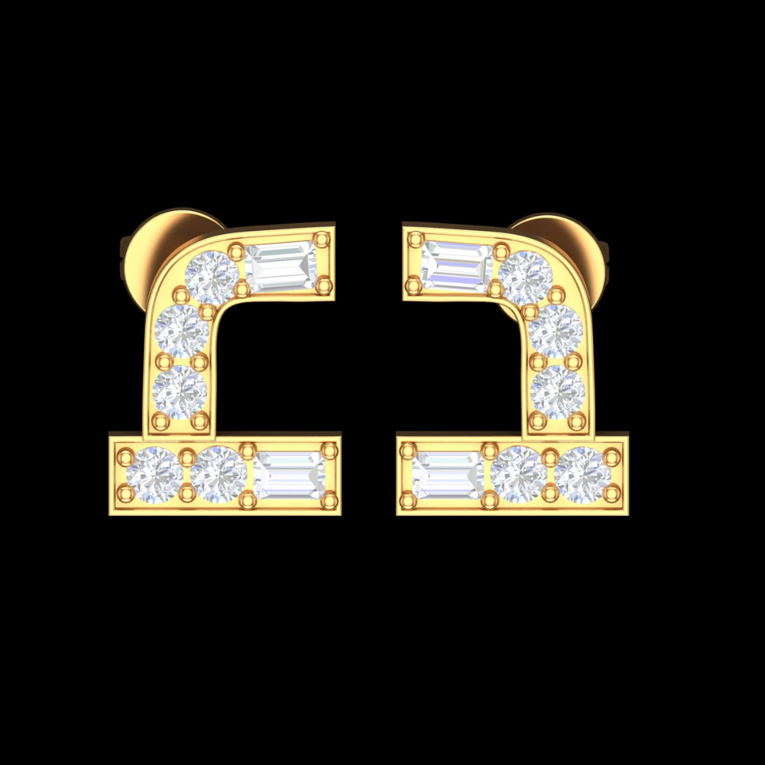 Royal Embrace Curved Baguette & Round Diamond Stud Earrings in Gold