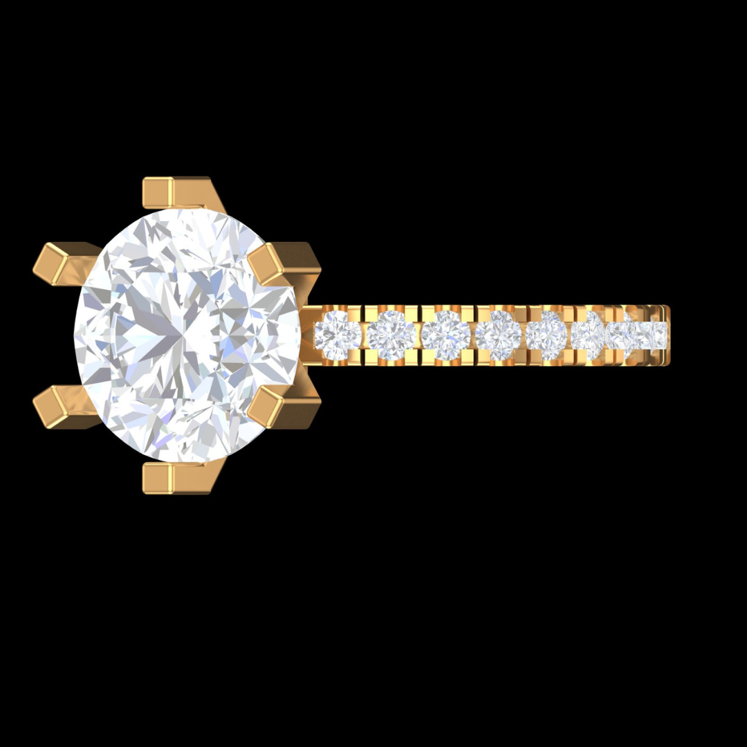 Round Solitaire Six-Prong Pavé Diamond Engagement Ring in Gold