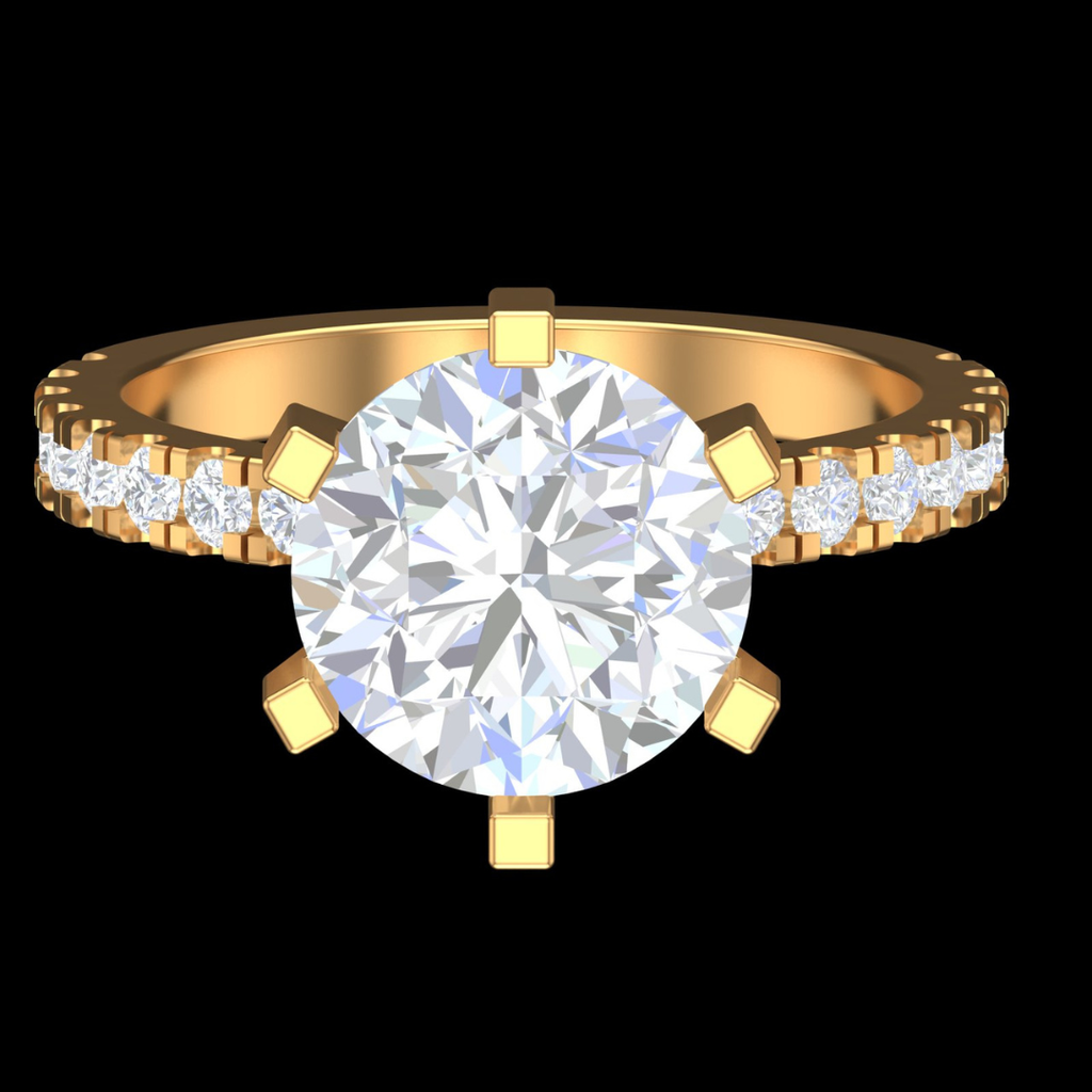 Round Solitaire Six-Prong Pavé Diamond Engagement Ring in Gold