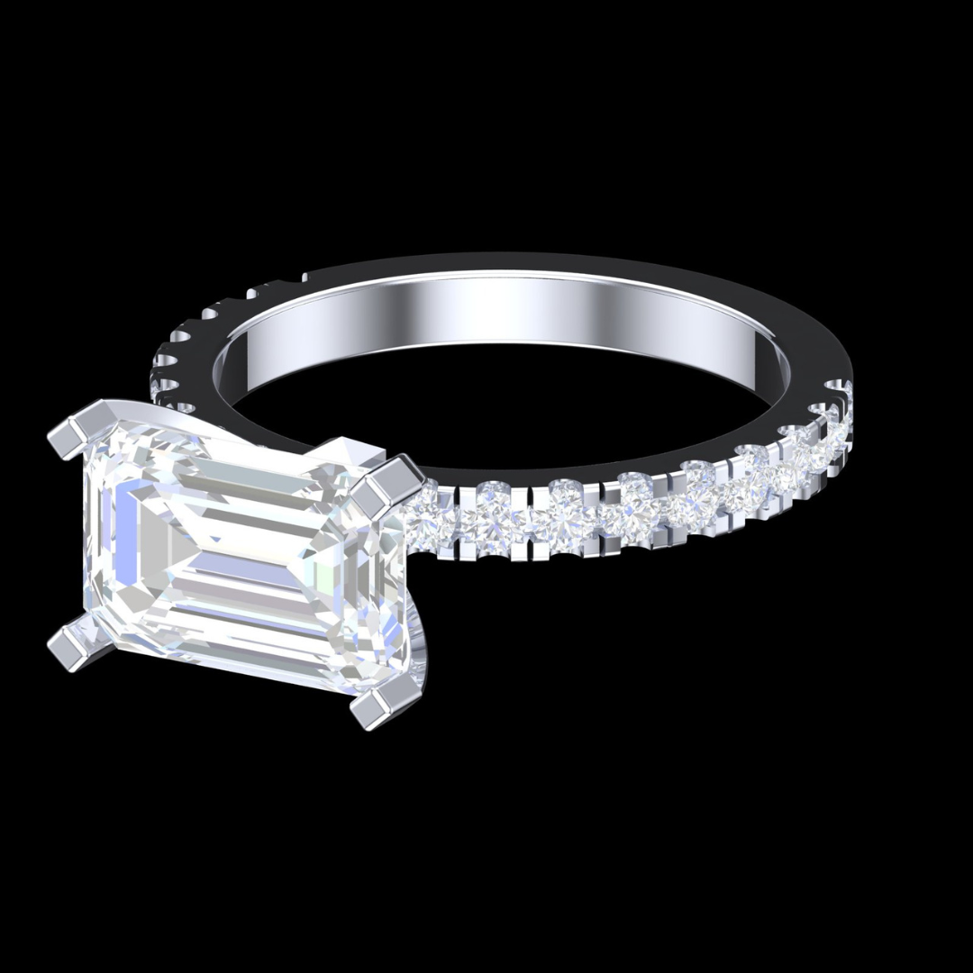 Emerald Cut Solitaire Pavé Diamond Engagement Ring in White Gold