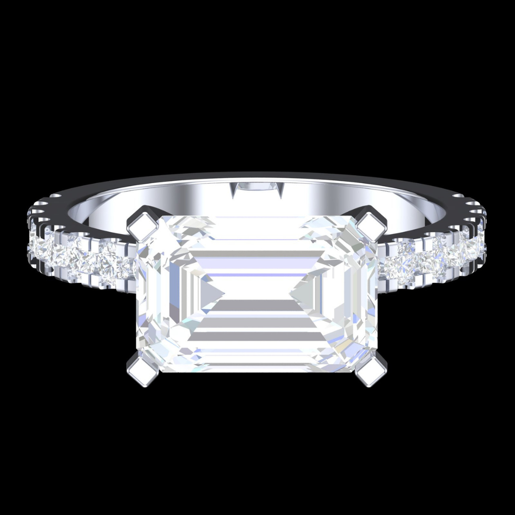 Emerald Cut Solitaire Pavé Diamond Engagement Ring in White Gold