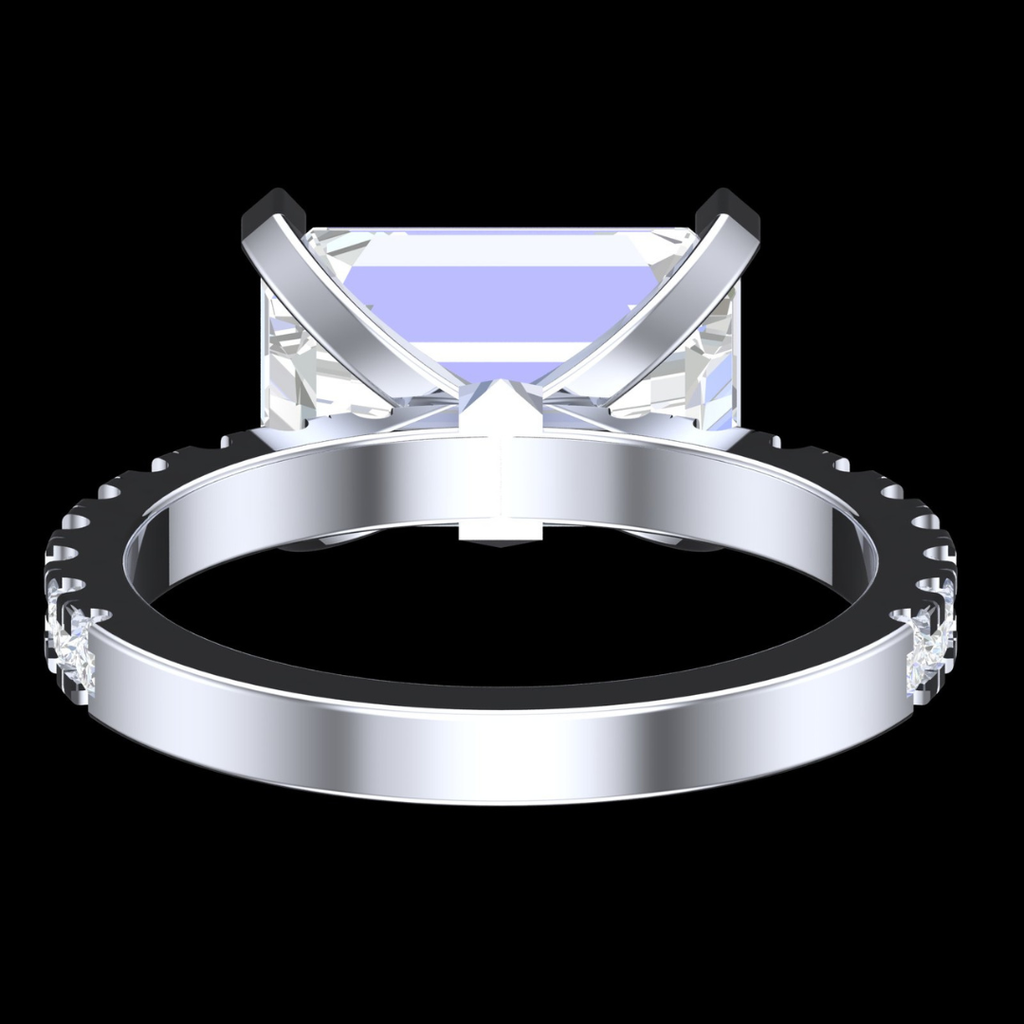 Emerald Cut Solitaire Pavé Diamond Engagement Ring in White Gold